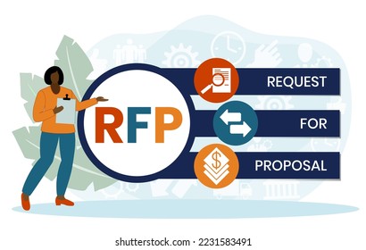 RFP - Solicitud De Propuesta. acrónimo, concepto de negocio. Ilustración de infografía vectorial para presentaciones, sitios, informes, banners