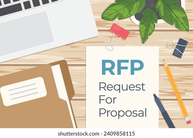 RFP Request For Proposal document, flat lay office composition on wooden desk- vector illustration
