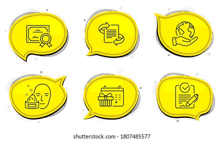 Rfp sign. Diploma certificate, save planet chat bubbles. Face cream, Marketing and Christmas calendar line icons set. Gel, Article, Presents day. Request for proposal. Business set. Vector