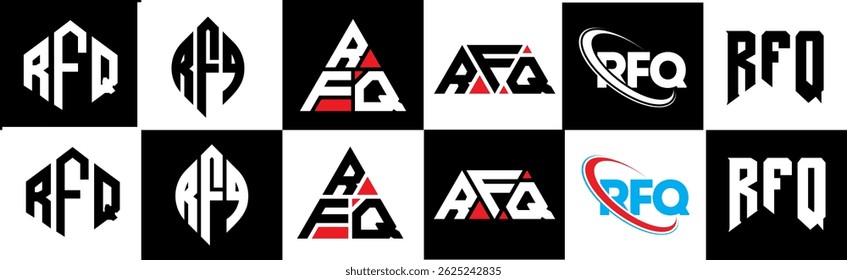 RFQ letter logo design in six style. RFQ polygon, circle, triangle, hexagon, flat and simple style with black and white color variation letter logo set in one artboard. RFQ minimalist and classic logo