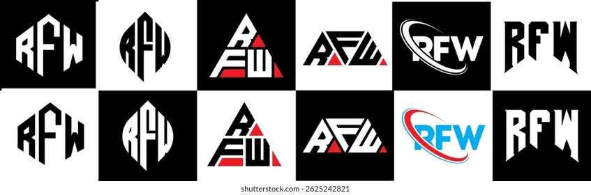 RFW letter logo design in six style. RFW polygon, circle, triangle, hexagon, flat and simple style with black and white color variation letter logo set in one artboard. RFW minimalist and classic logo