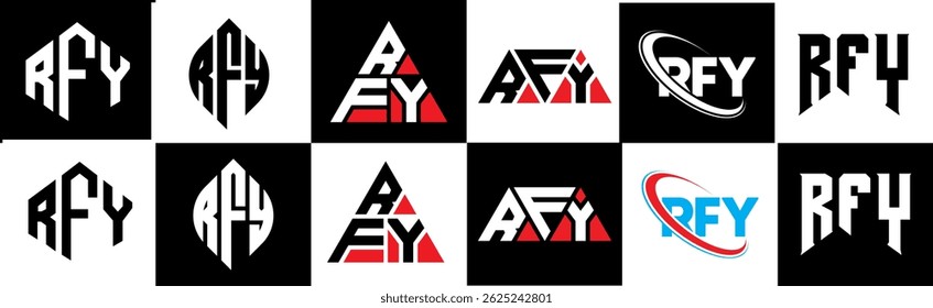 RFY letter logo design in six style. RFY polygon, circle, triangle, hexagon, flat and simple style with black and white color variation letter logo set in one artboard. RFY minimalist and classic logo