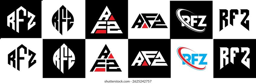 RFZ letter logo design in six style. RFZ polygon, circle, triangle, hexagon, flat and simple style with black and white color variation letter logo set in one artboard. RFZ minimalist and classic logo