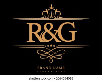 R&G Initial logo, Ampersand initial logo gold with crown and classic pattern