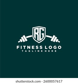 RG initial monogram for fitnes or gym logo with creative shield and barbell design