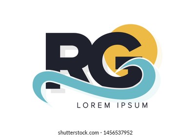 RG letter logo with ocean waves and sunset. Beach concept design