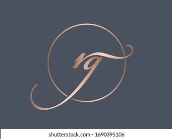 RG monogram logo.Typographic icon with calligraphic script letter r and letter g. Lettering icon. Alphabet initials isolated on dark background.Signature style sign copper characters and circle frame.