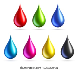 Rgb and Cmyk drops isolated on white background.