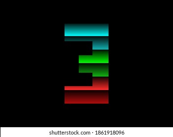 Rgb color font logo, 3 number vector desing. Dynamic split red, green, blue color on black background. For social media,design elements, creative poster, web template and more  