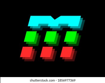 Rgb color font logo,  M letter vector desing.Dynamic split red, green, blue color on black background. For social media,design elements, creative poster, web template and more          