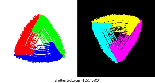 RGB Color Model Concept Made with Paint Brush Strokes Triangle Signs Set - Red Green Blue and Opposite Colors on Black and White Background - Vector Logo Graphic Design