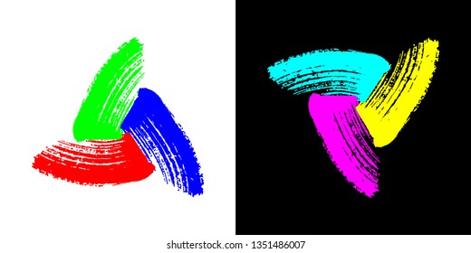 Concepto de modelo de color RGB realizado con pincel de pintura Señales de espiral - Color rojo verde azul y colores opuestos en fondo negro y blanco - Diseño gráfico con logotipo de vectores