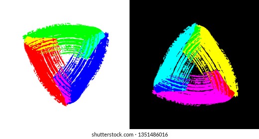 RGB Color Model Concept Made with Overlapping Paint Brush Strokes Triangle Signs Set - Red Green Blue and Opposite Colors on Black and White Background - Vector Logo Graphic Design
