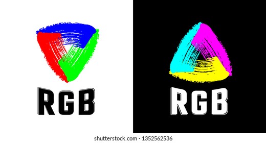 RGB Color Model Concept Made with Trendy Style Lettering and Paint Brush Strokes Triangle Sign Set - Red Green Blue and Opposite Colors on Black and White Background - Vector Logo Graphic Design