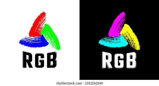 RGB Color Model Concept Made with Retro Style Lettering and Paint Brush Strokes Spiral Sign Set - Red Green Blue and Opposite Colors on Black and White Background - Vector Logo Graphic Design