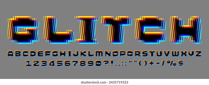 RGB glitch alphabet: font with chromatic aberration effect and edgy typography stripes, isolated vector letters and numbers