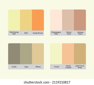 RGB HEX Color Guide. 4 sets of Matching Color Palettes Swatch Catalog Collection. Suitable for Branding. Pastel and vintage Color palette forecast of the future color trend. Yellow pink mix.