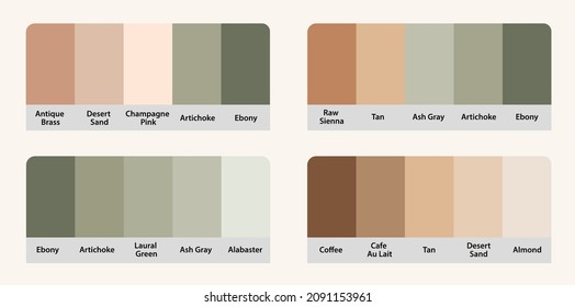 RGB HEX Color Guide Matching Color Palettes Swatch Collection. Suitable for Branding. Vintage Color palette forecast of the future color trend. Ebony green Ash Brown mix.