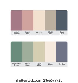 RGB HEX Matching Color Guide Palettes Swatch Catalog Collection. Suitable for Branding. Neutral Color palette forecast of the future color trend. coral khaki pink lavender green linen 