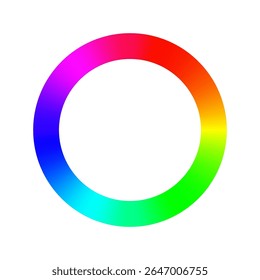 RGB hue circle. Color wheel gradient ring. Circular spectrum showing smooth transition between red, orange, yellow, green, cyan, blue, and magenta on white background. Vector illustration.