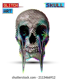 RGB line halftone skull from 3D rendering vector illustration with crying glitched effect.