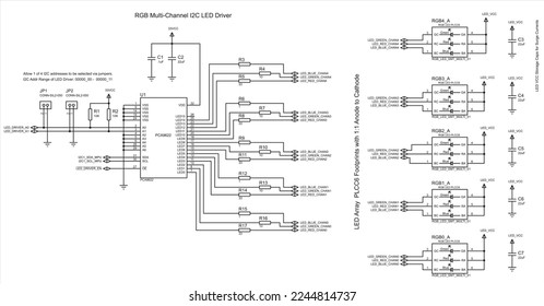 RGB multi-channel I2C led driver.
Schematic diagram of electronic device. 
Vector drawing electrical circuit with 
led array, jumper, capacitor, resistor, controller, 
ground and power symbols