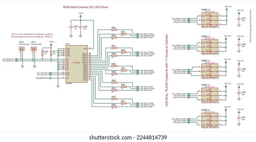 RGB multi-channel I2C led driver.
Schematic diagram of electronic device. 
Vector drawing electrical circuit with 
led array, jumper, capacitor, resistor, controller, 
ground and power symbols