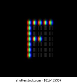RGB pixel font character with glow, red-green-blue pixels, vector illustration