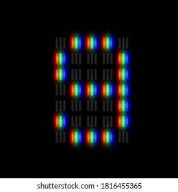 RGB pixel font character with glow, red-green-blue pixels, vector illustration