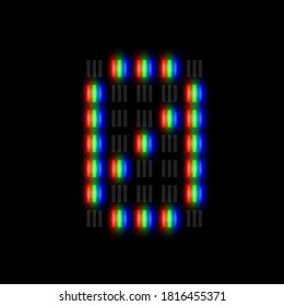 RGB pixel font character with glow, red-green-blue pixels, vector illustration