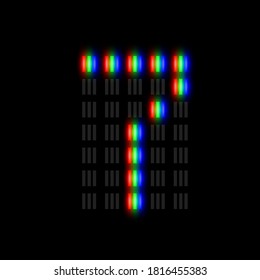 RGB pixel font character with glow, red-green-blue pixels, vector illustration