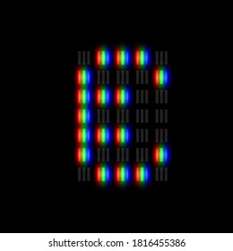 RGB pixel font character with glow, red-green-blue pixels, vector illustration