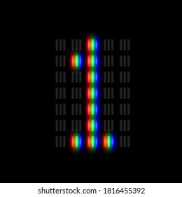 RGB pixel font character with glow, red-green-blue pixels, vector illustration