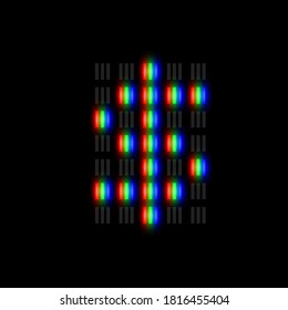 RGB pixel font character with glow, red-green-blue pixels, vector illustration