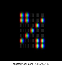 RGB pixel font character with glow, red-green-blue pixels, vector illustration