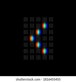 RGB pixel font character with glow, red-green-blue pixels, vector illustration
