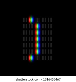 RGB pixel font character with glow, red-green-blue pixels, vector illustration