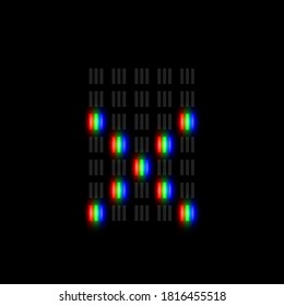 RGB pixel font character with glow, red-green-blue pixels, vector illustration