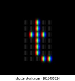 RGB pixel font character with glow, red-green-blue pixels, vector illustration