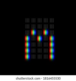 RGB pixel font character with glow, red-green-blue pixels, vector illustration