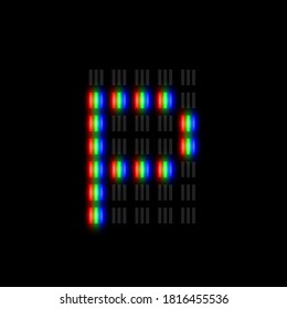 RGB pixel font character with glow, red-green-blue pixels, vector illustration