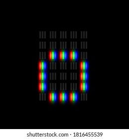 RGB pixel font character with glow, red-green-blue pixels, vector illustration