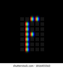 RGB pixel font character with glow, red-green-blue pixels, vector illustration