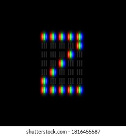 RGB pixel font character with glow, red-green-blue pixels, vector illustration