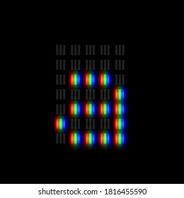 RGB pixel font character with glow, red-green-blue pixels, vector illustration