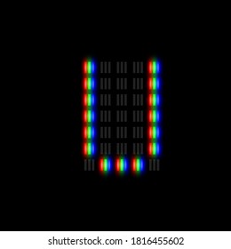 RGB pixel font character with glow, red-green-blue pixels, vector illustration