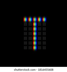 RGB pixel font character with glow, red-green-blue pixels, vector illustration