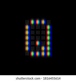 RGB pixel font character with glow, red-green-blue pixels, vector illustration
