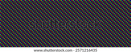 RGB pixel seamless pattern. Repeating LED screen background. LCD display circle dots wallpaper. Red Green Blue pixelated monitor texture. Repeated round dot crt display backdrop. Vector