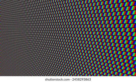 RGB Screen Pixels Pattern In Perspective. Analog Display Television. Close Up Screen Texture. Macro of LCD Computer Screen Displaying Pure RGB Pixels. Red Green Blue LED Panel. Vector Illustration.